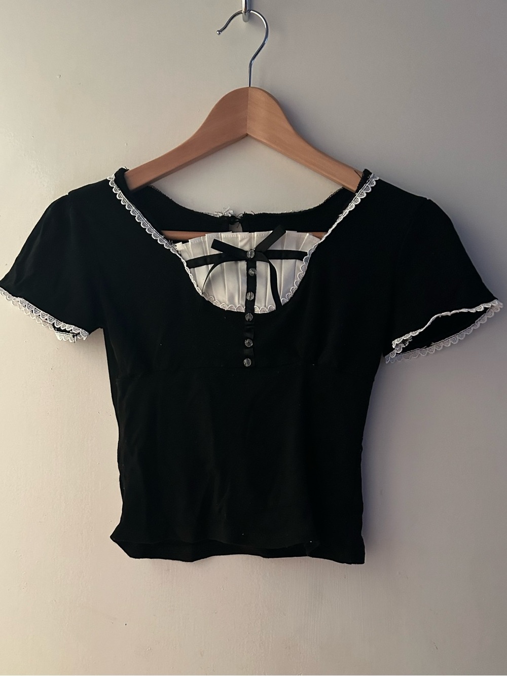 Black Milkmaid Top with White Lace Trim and Bow Detail